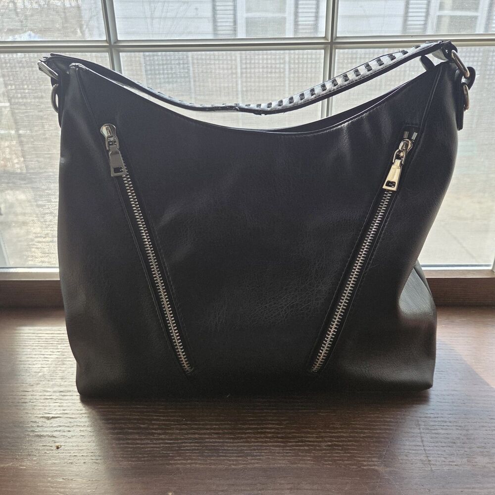 Urban Expressions Black Vegan Leather Hobo Bag  Floral Lining  Side Zip Pockets